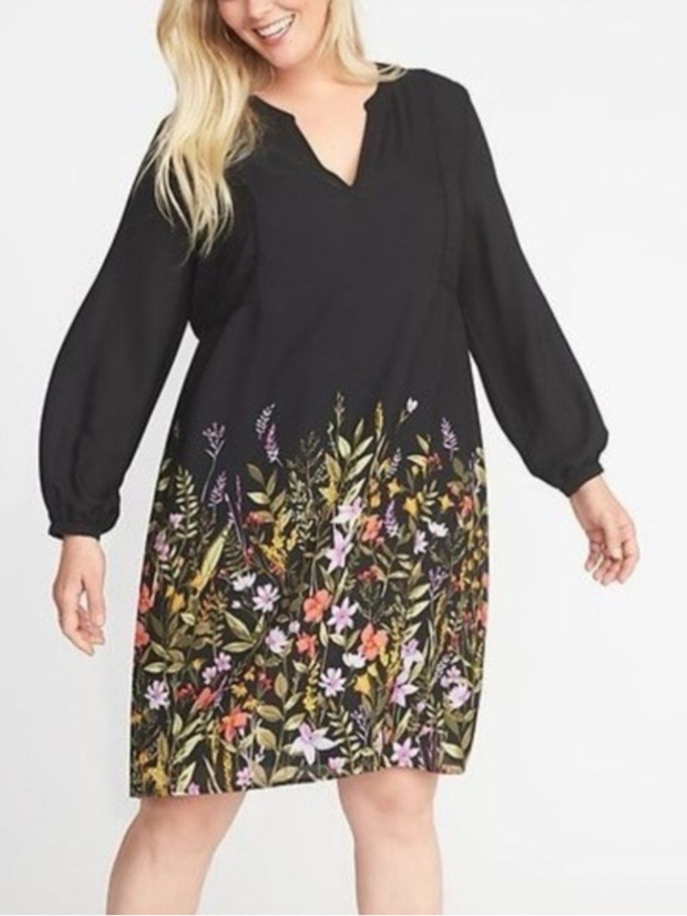 Old Navy Boho Black Floral Long Sleeve V Neck Swing Dress Lace Semi Sheer L